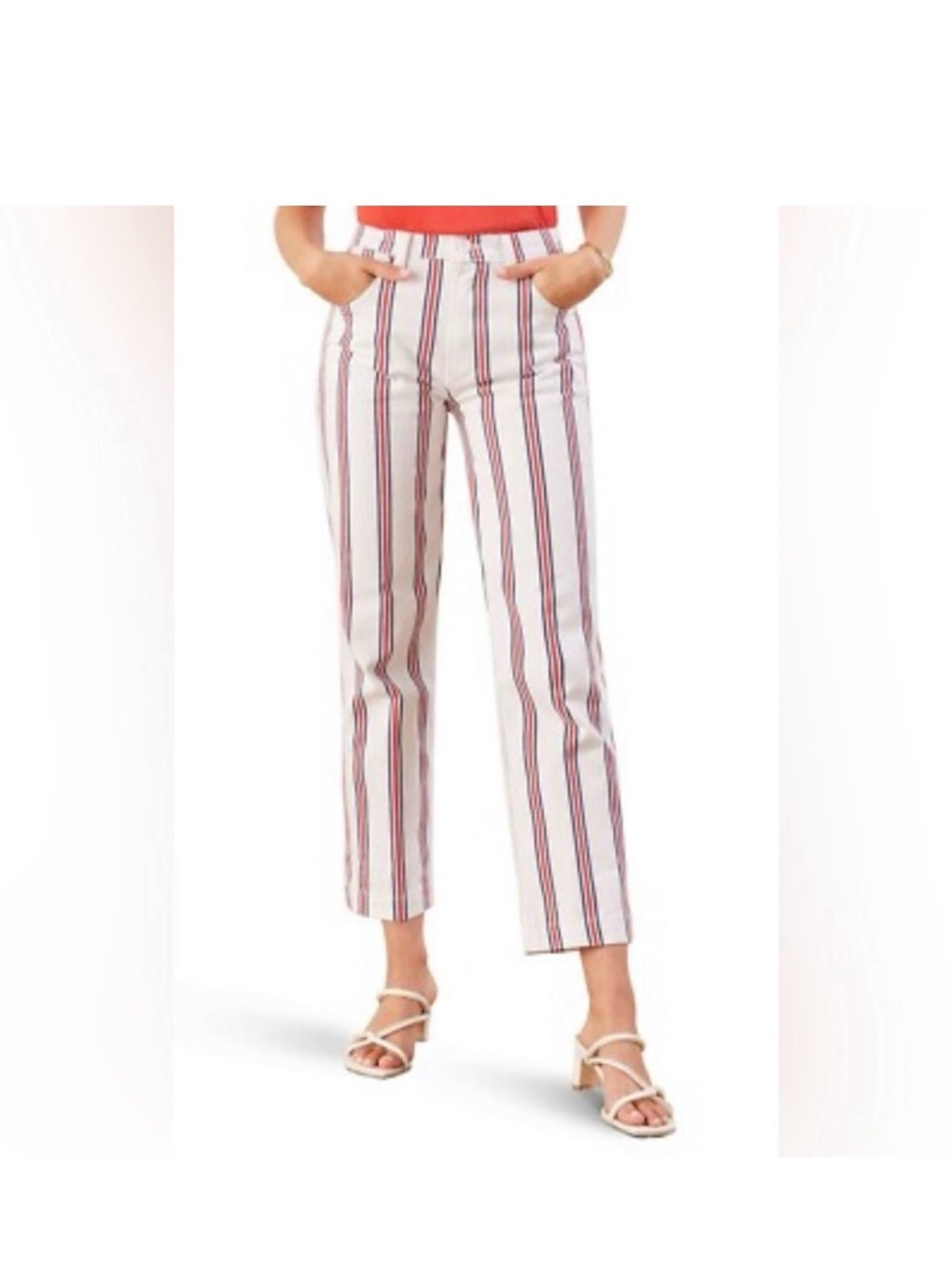 Reformation White Pants with Red & Navy Stripes